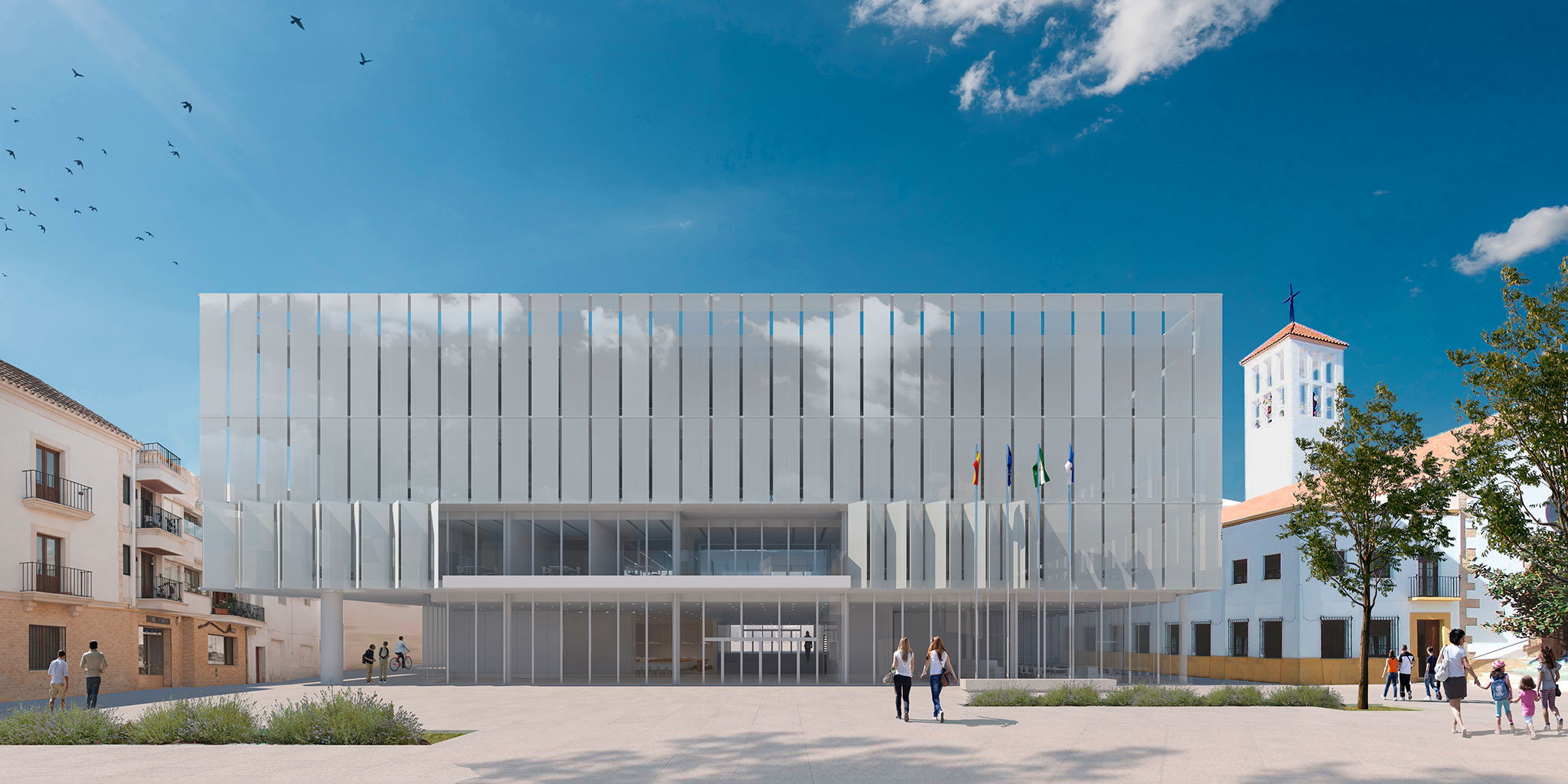 Nueva Casa Consistorial de Roquetas de Mar y ampliación de la plaza de la Constitución y los espacios públicos adyacentes por Estudio Carbajal SLP y Estudio Acta. Visualización cortesía de Estudio Carbajal SLP y Estudio Acta.
