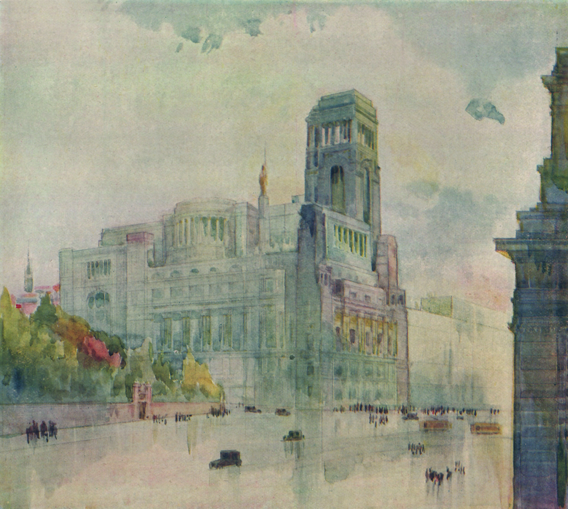 Antonio Palacios. Vista en perspectiva. Reproducción procedente de la memoria gráfica del «Proyecto de la Casa Social de las Bellas Artes», 1923.  Archivo del Círculo de Bellas Artes.