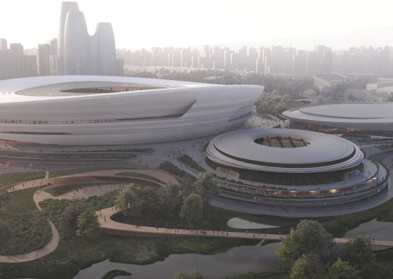 Nuevo Centro Deportivo Internacional de Hangzhou por Zaha Hadid Architects (ZHA). Visualización por Proloog