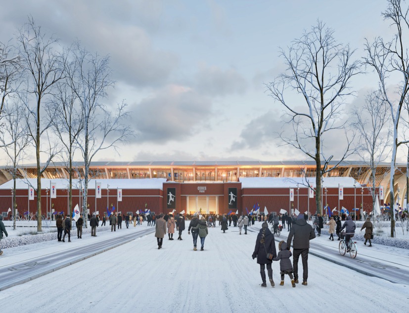 Estadio Aarhus por Zaha Hadid Architects. Visualización por Negativ
