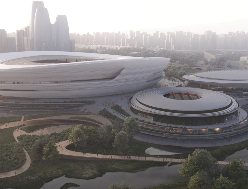 Nuevo Centro Deportivo Internacional de Hangzhou por Zaha Hadid Architects (ZHA). Visualización por Proloog