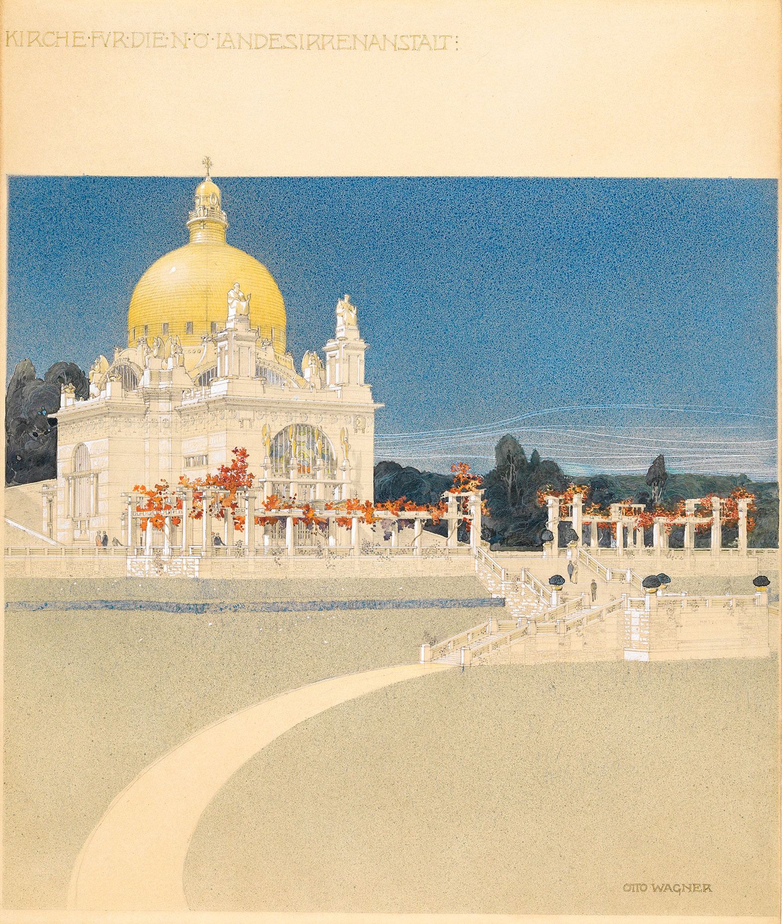Otto Wagner, Competition project for St. Leopold’s Church at Steinhof, 1902/03. Pencil, watercolour, spray technique, opaque paint, 55,8 × 47 cm. Wien Museum, Inv. 96.011/2.