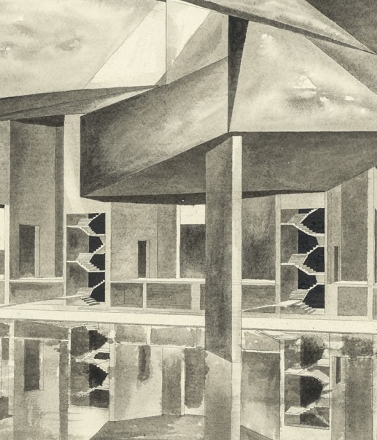 Palazzo del Cinema, Venice, Italy. Perspective, 1989, graphite and ink on paper, 83,5 × 75,25 cm by Steven Holl. Photograph courtesy by Tchoban Foundation. Museum for Architectural Drawing