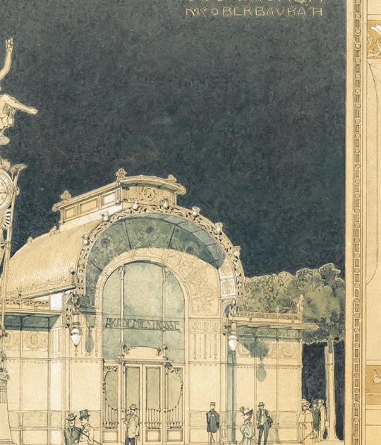 Otto Wagner, Presentation drawing with the Akademiestrasse-Technik and Gumpendorfer Strasse stations of the City Railway, 1898. Pencil, pen, watercolour, spray technique, white highlights, gold paint, 64,8 × 46,2 cm. Wien Museum, Inv. 77.262