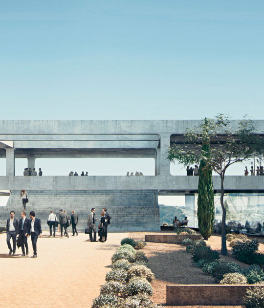 El campus de la colina construido a lo largo de los contornos existentes de una cumbre en las montañas de Santa Mónica ingeniosamente combina, tradiciones de diseño de los monasterios, pueblos rurales e ideales geométricos. Una visión del paisaje tanto como un proyecto arquitectónico, el complejo de baja densidad de los espacios de reunión y estudio, residencias académicas y jardines conservará más del 90% del sitio de 447 acres como espacio abierto
