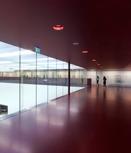 Vista del gimnasio desde el pasillo. Colegio en los Alpes por Berrel Berrel Kräutler. Fotografía © Eik Frenzel