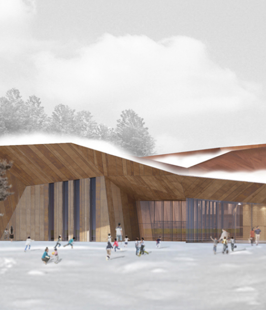 Exterior view. Rendering. “Iiyama Plaza” by Kengo Kuma & Associates