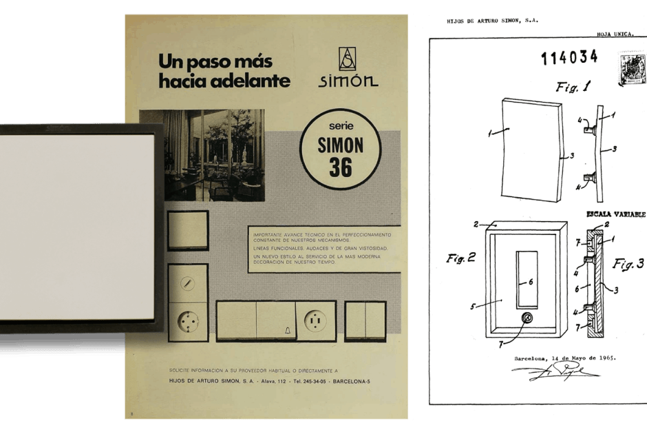 Simon 36, serie lanzada en 1971. Junto con anuncio publicado en Revista de Aparejadores y Modelo de Utilidad firmado en 1968. Imagen cortesía de Simon. 