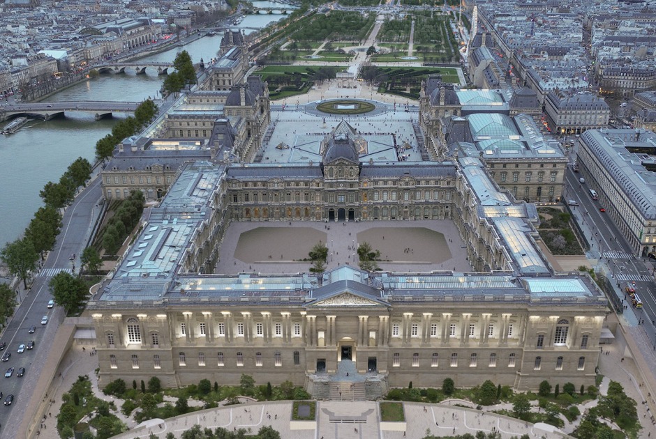 Vista aérea del eje histórico de París, propuesta de STUDIOS Architecture Paris y Selldorf Architects. Visualización por Vincent Atelier.