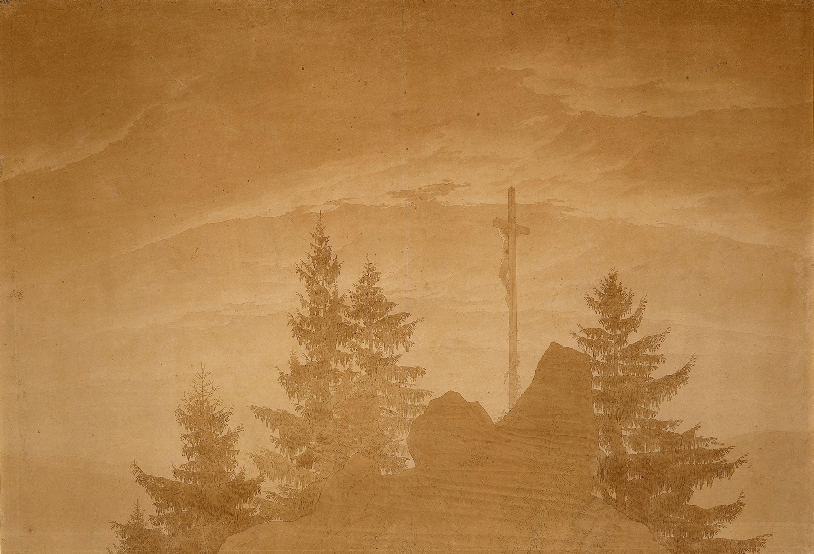 Caspar David Friedrich, Das Kreuz im Gebirge / La cruz en las montañas, detalle, hacia 1805/1807 © Museos Nacionales de Berlín, Kupferstichkabinett / Reinhard Saczewski.