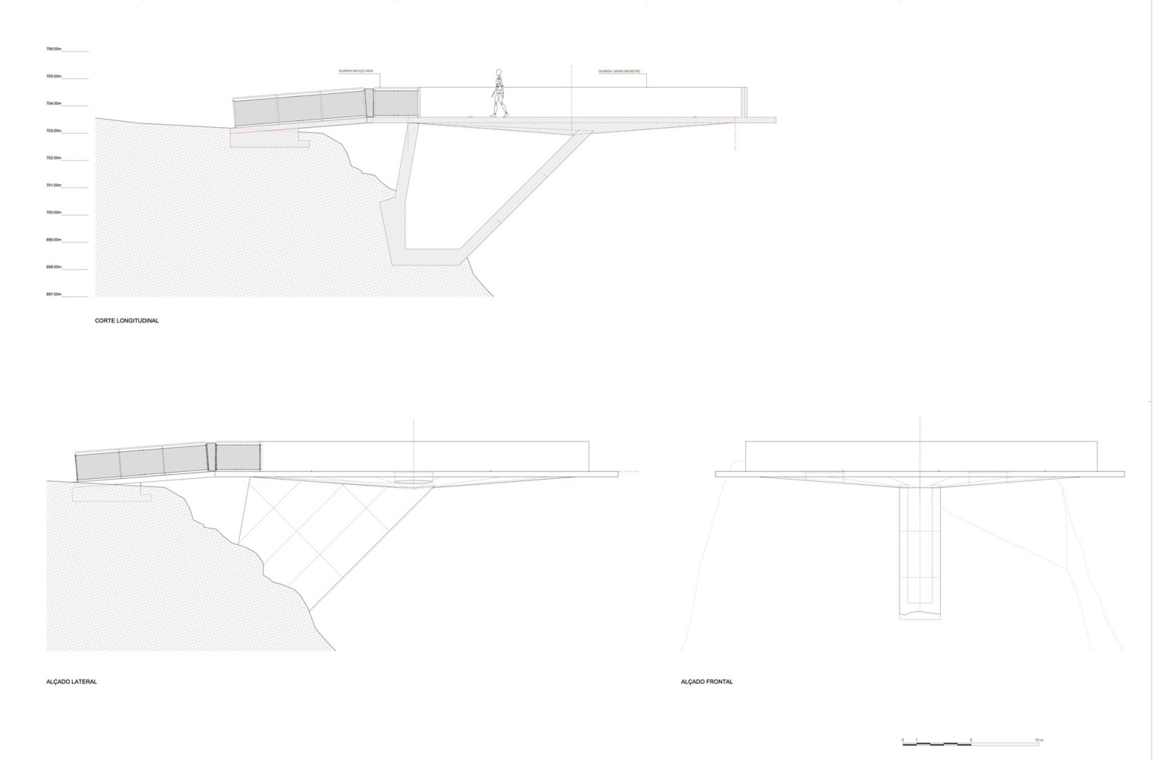 Section and elevations. Renovation of the Zebro Viewpoint by Álvaro Siza Vieira. 