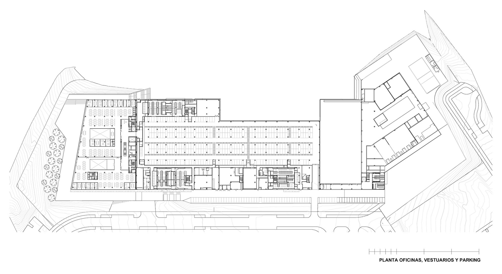 Office, changing room and car park floor plan. New pharmaceutical production plant for Faes Farma by IDOM.
