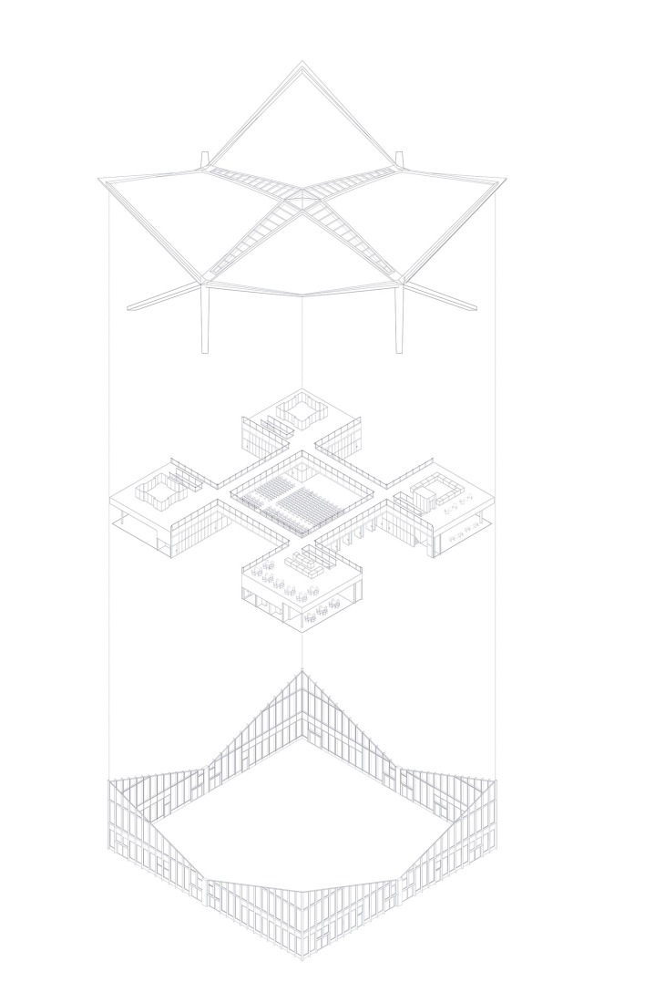 Axonometry. Hyparschale Magdeburg renovation by gmp Architekten.