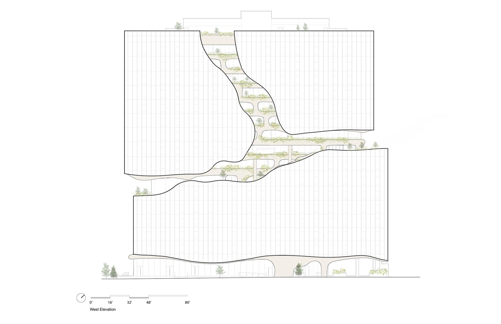 Alzado oeste. «One River North» por Ma Yansong/MAD Architects.