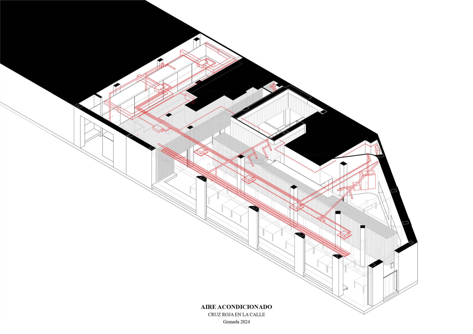 Axonometry of facilities. A cardboard office by Tomás García Píriz Estudio. 