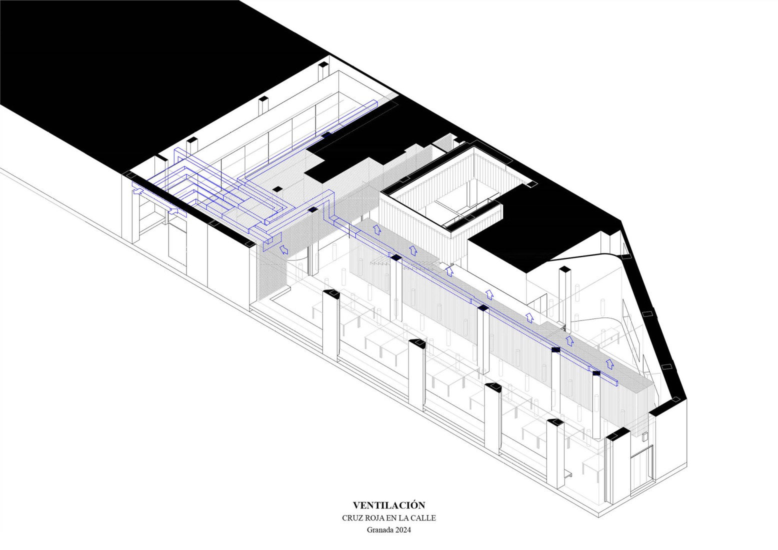 Axonometry of ventilation. A cardboard office by Tomás García Píriz Estudio.