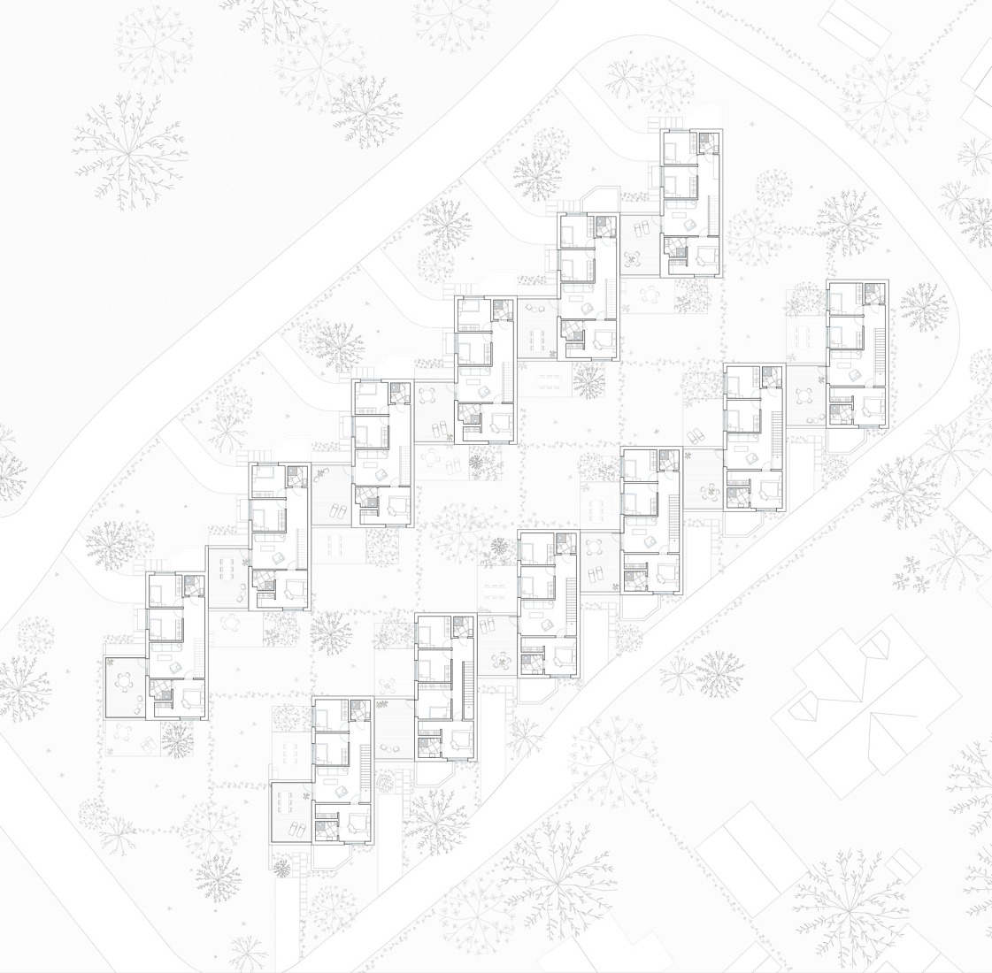 First floor plan. Semi-detached houses "Solberg Hage" by R21 Arkitekter.
