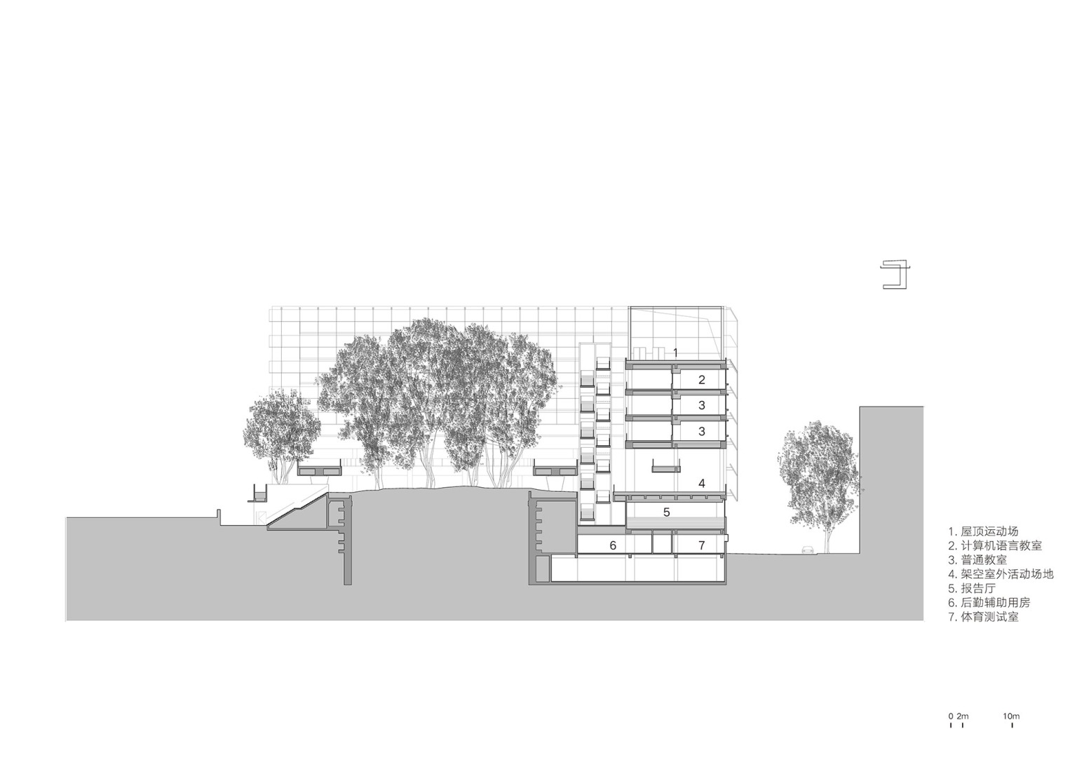 Sección. Escuela primaria de lenguas extranjeras Liyuan por Vector Architects.