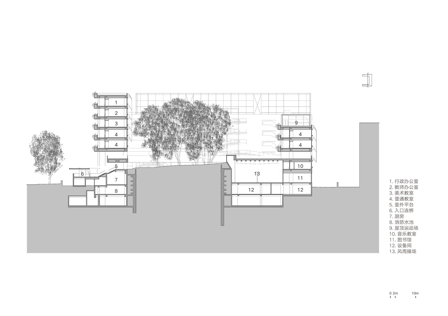 Sección. Escuela primaria de lenguas extranjeras Liyuan por Vector Architects.