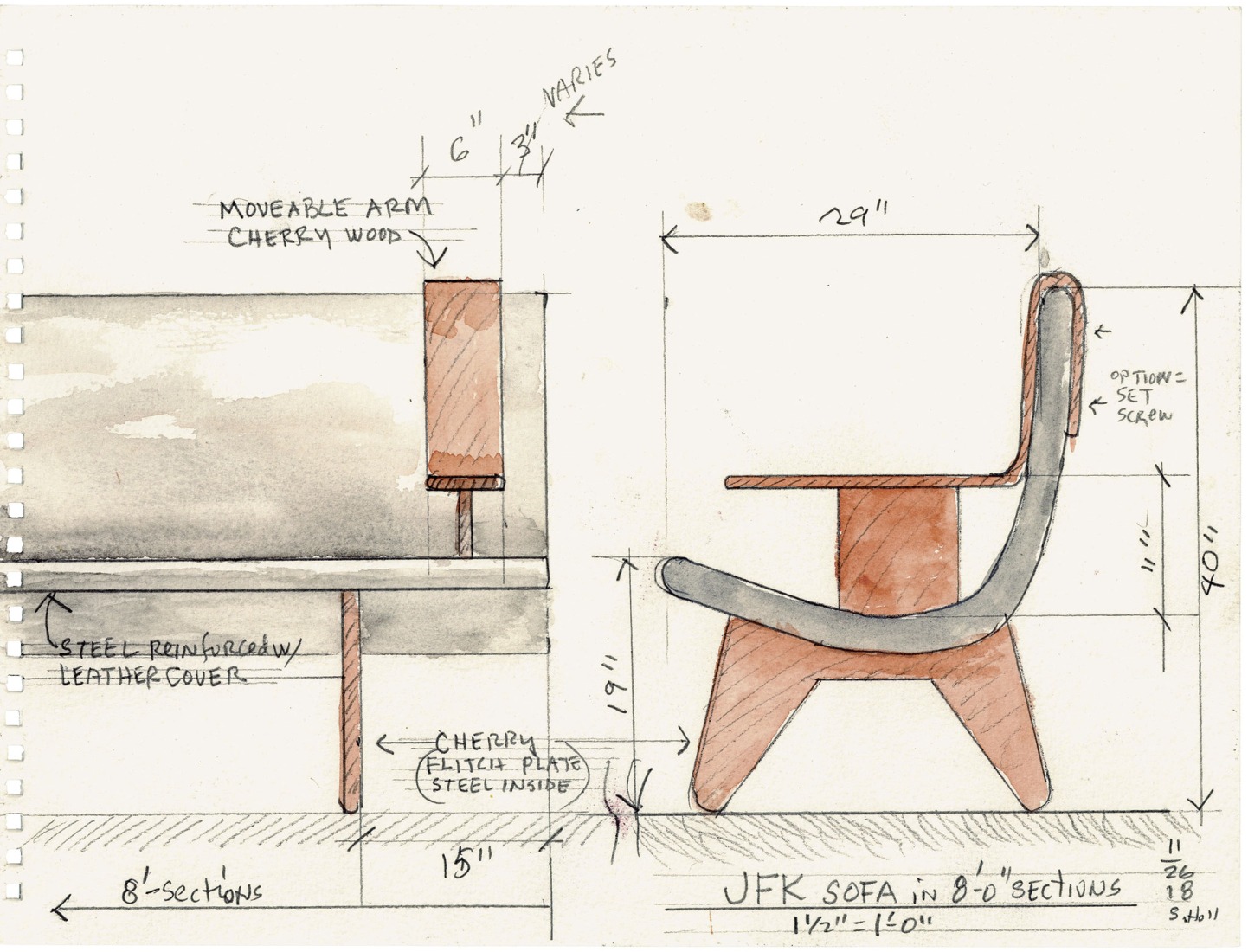 The REACH, Kennedy Center, Washington, D. C., USA. Sofa, 2018, watercolor and pencil on paper, 22,86 × 30,48 cm by Steven Holl. Photograph courtesy by Tchoban Foundation. Museum for Architectural Drawing.