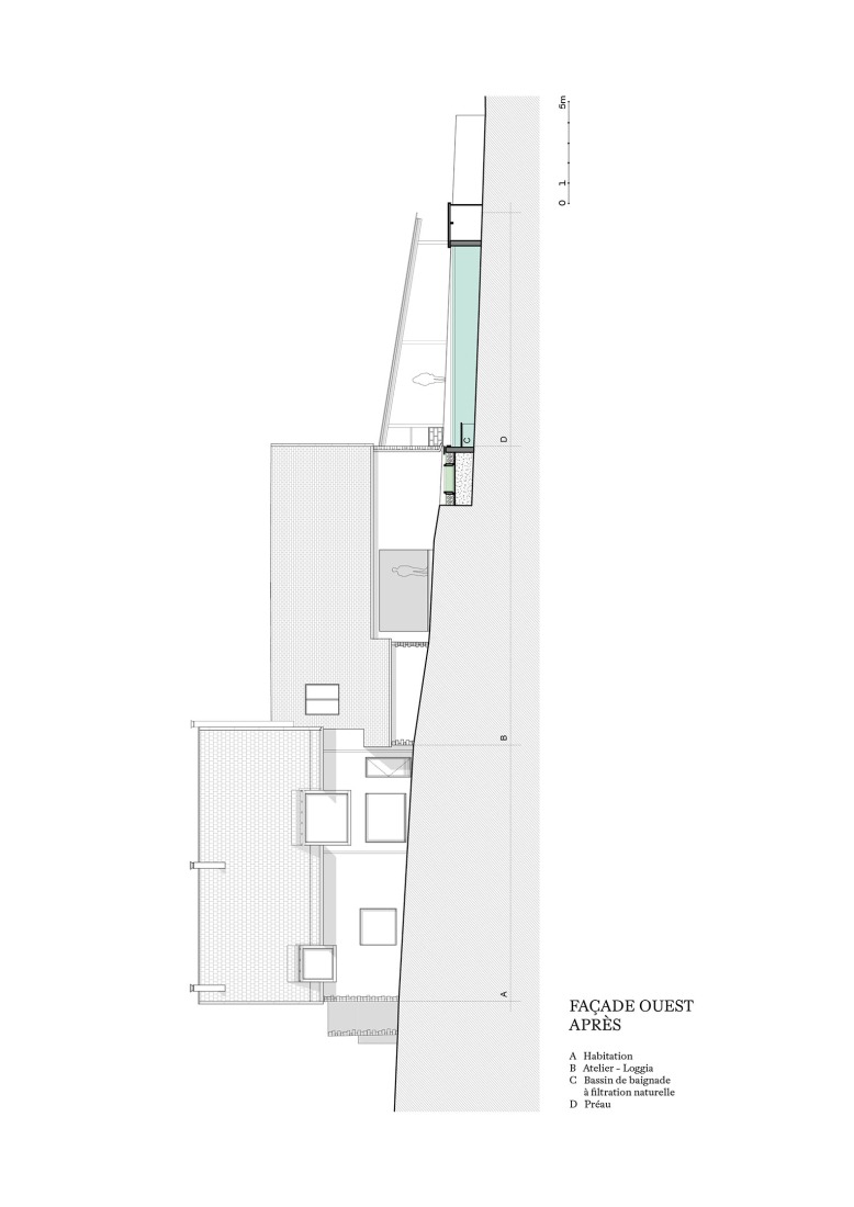 Alzado oeste. La Grange por Le Dévéhat Vuarnesson Architectes.