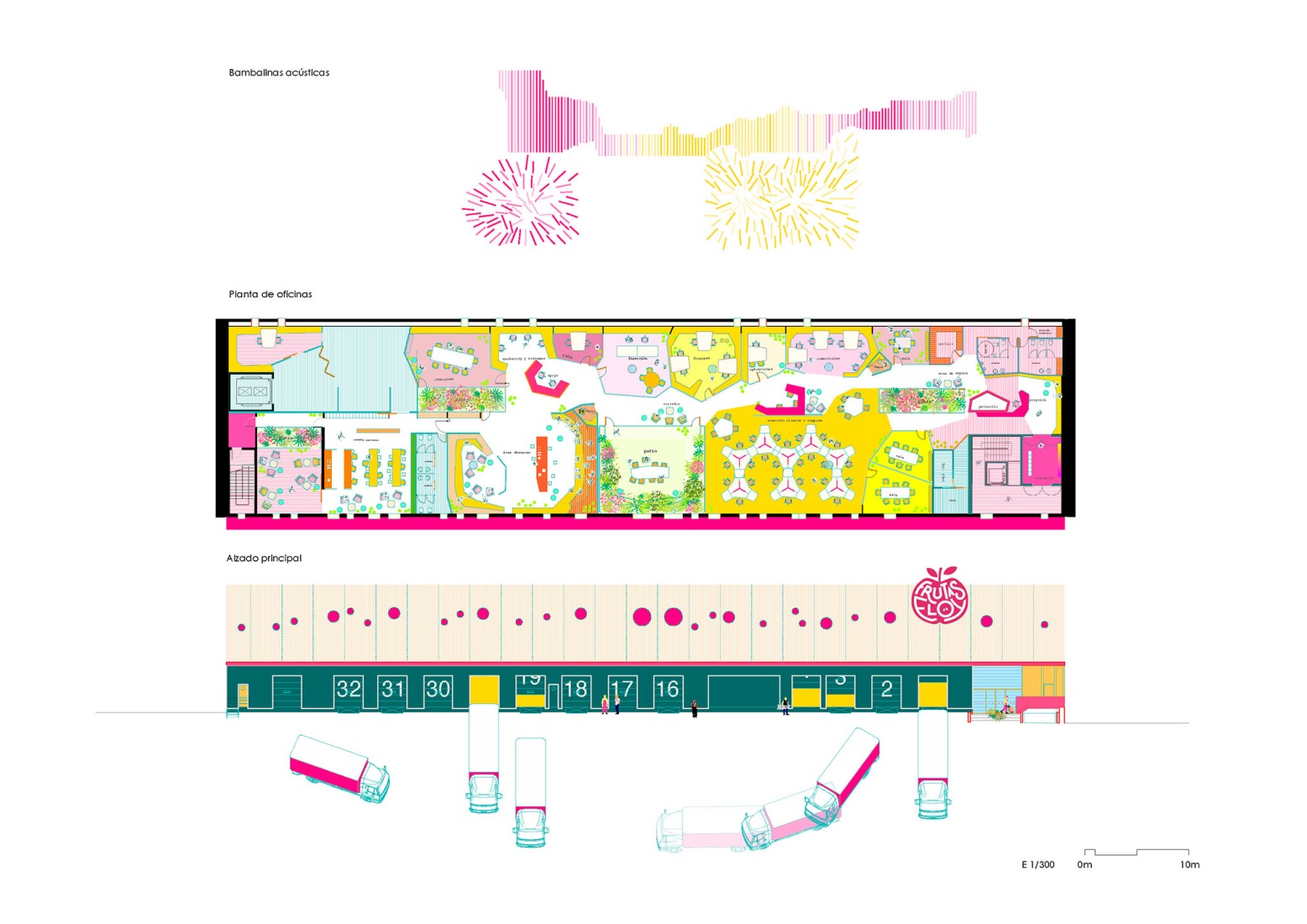 Office floor plan and elevation. Frutas Eloy Headquarters by Picado de Blas Arquitectos.