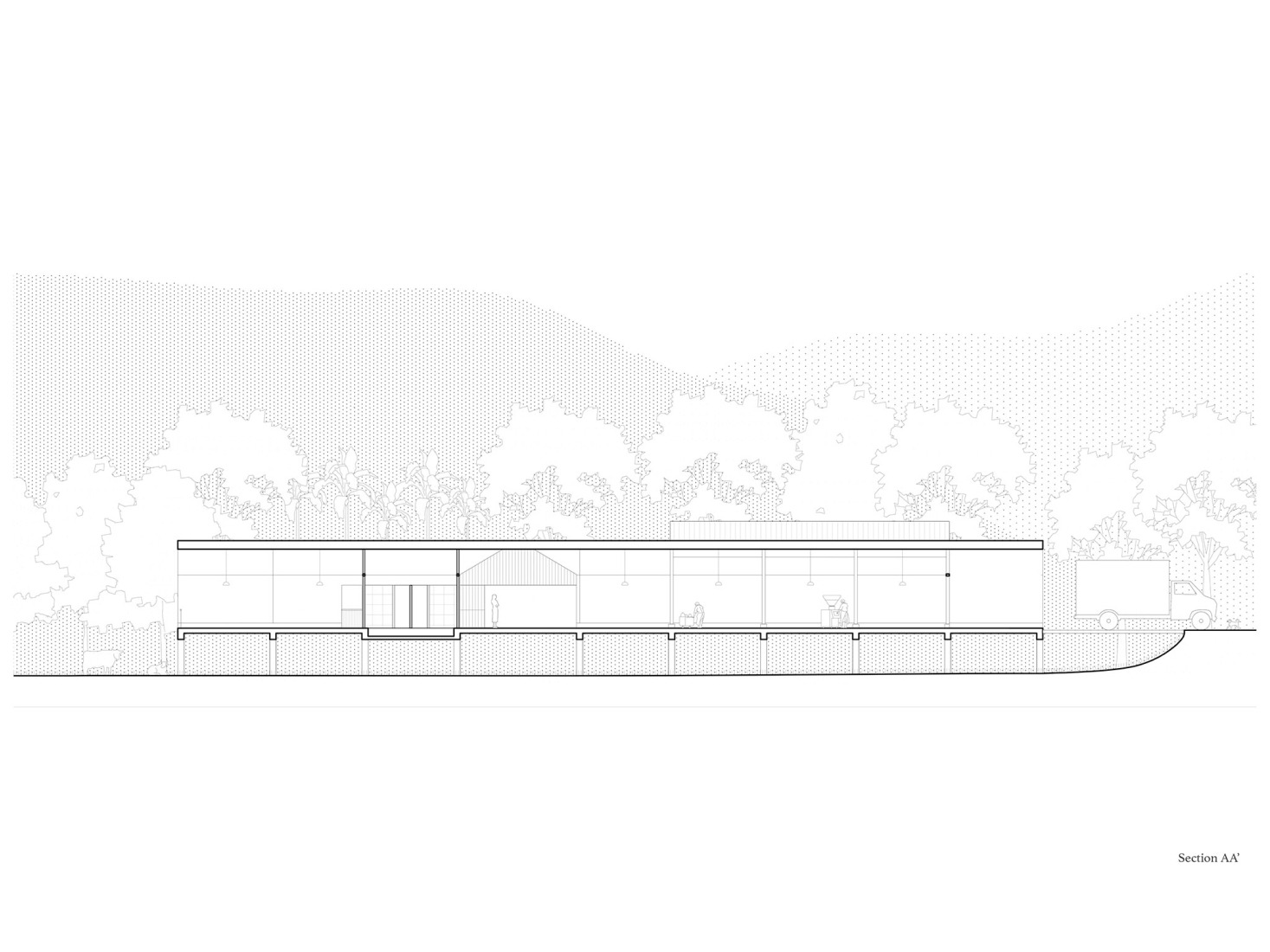 Section. Jackfruit processing unit and community centre by atArchitecture.