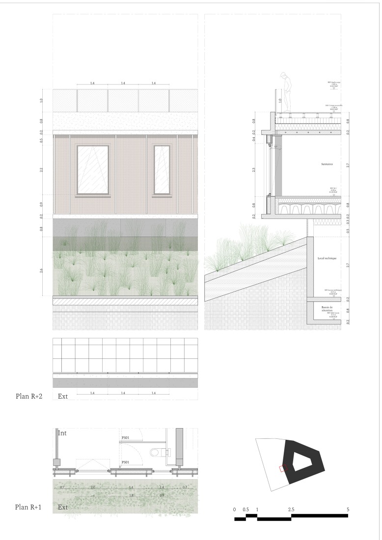 Detail sections. House of the French canoeing, kayak and paddle sports federation by Le Studio Sanna Baldé.