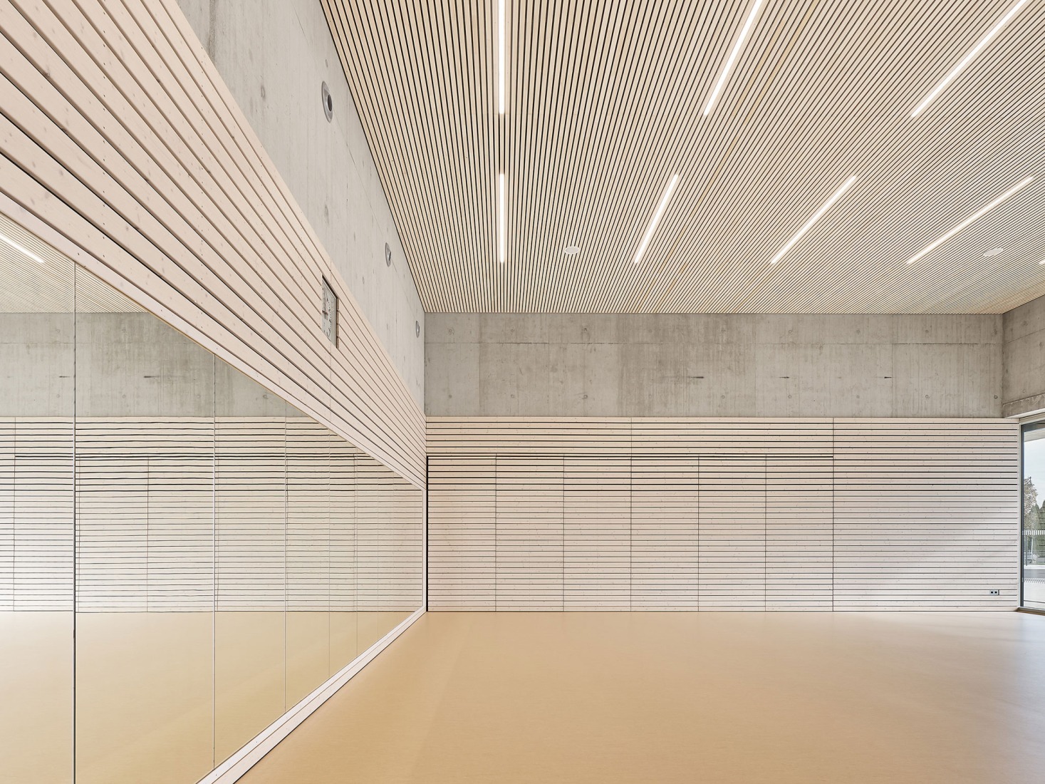 Three-pitch sports hall by Drei Architekten. Photograph by Zooey Braun.