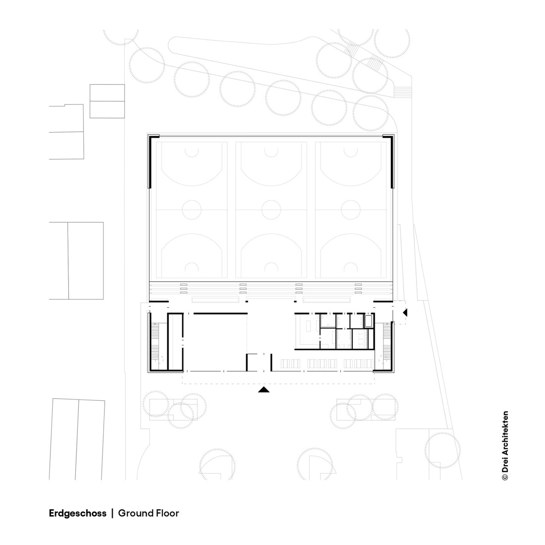 Ground floor plan. Three-pitch sports hall by Drei Architekten.