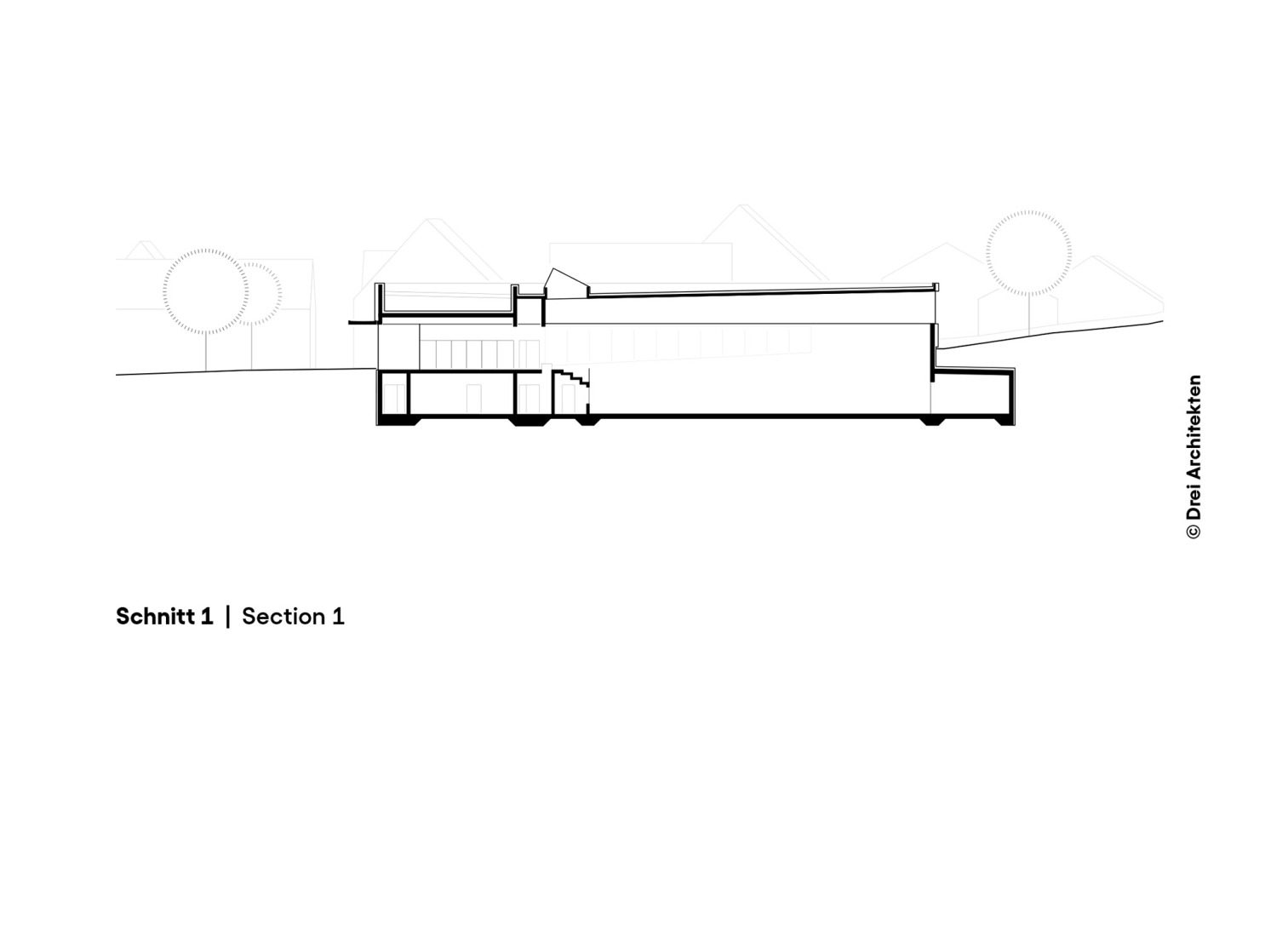 Section. Three-pitch sports hall by Drei Architekten.