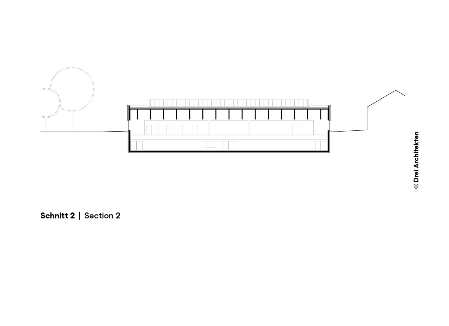 Section. Three-pitch sports hall by Drei Architekten.