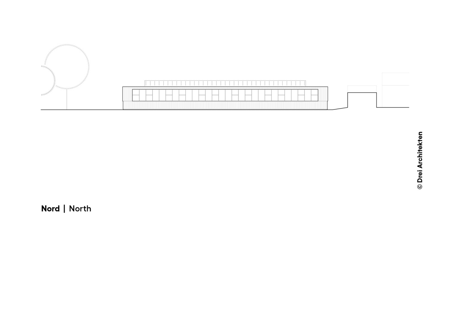 North elevation. Three-pitch sports hall by Drei Architekten.