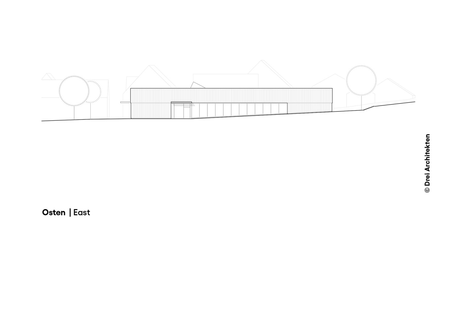 East elevation. Three-pitch sports hall by Drei Architekten.