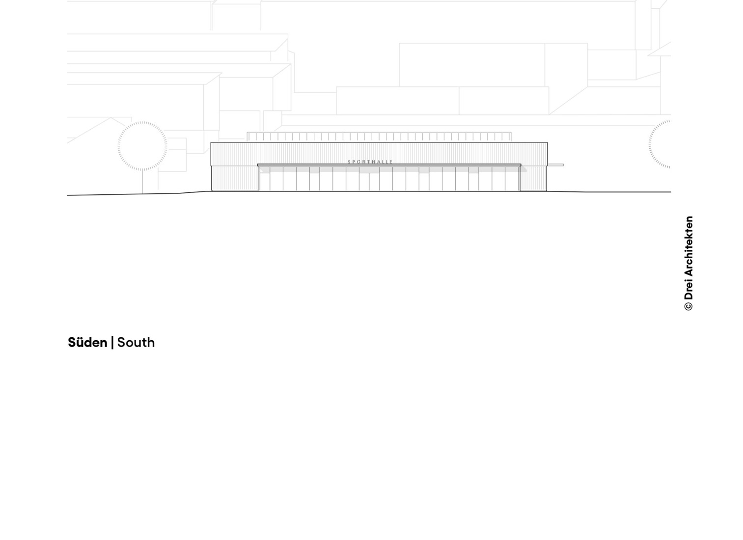 South elevation. Three-pitch sports hall by Drei Architekten.