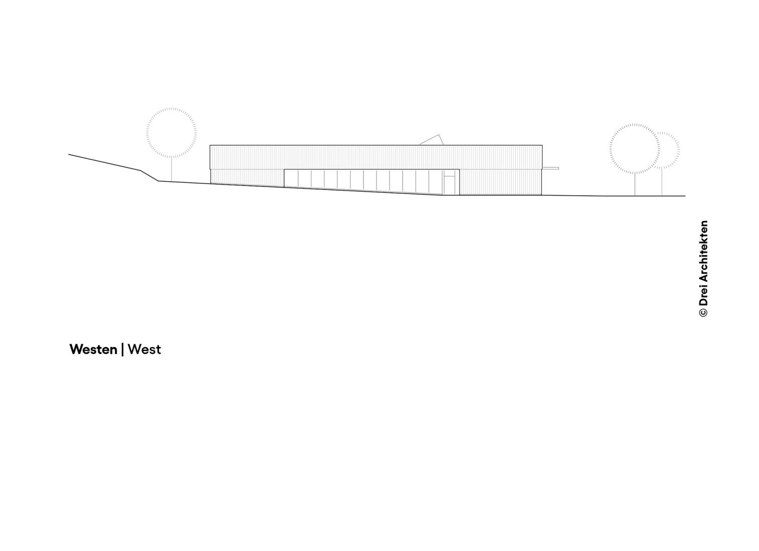 West elevation. Three-pitch sports hall by Drei Architekten.