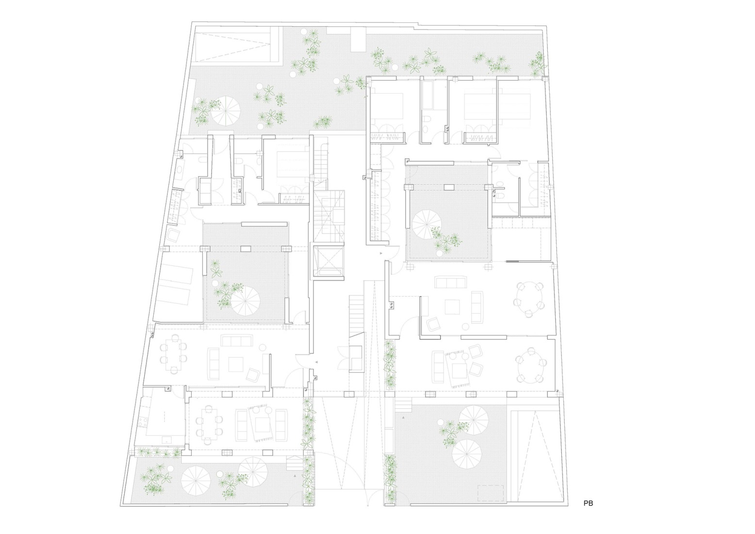 Ground floor plan. Four homes next to the Desembocadura by Estudio Curtidores.