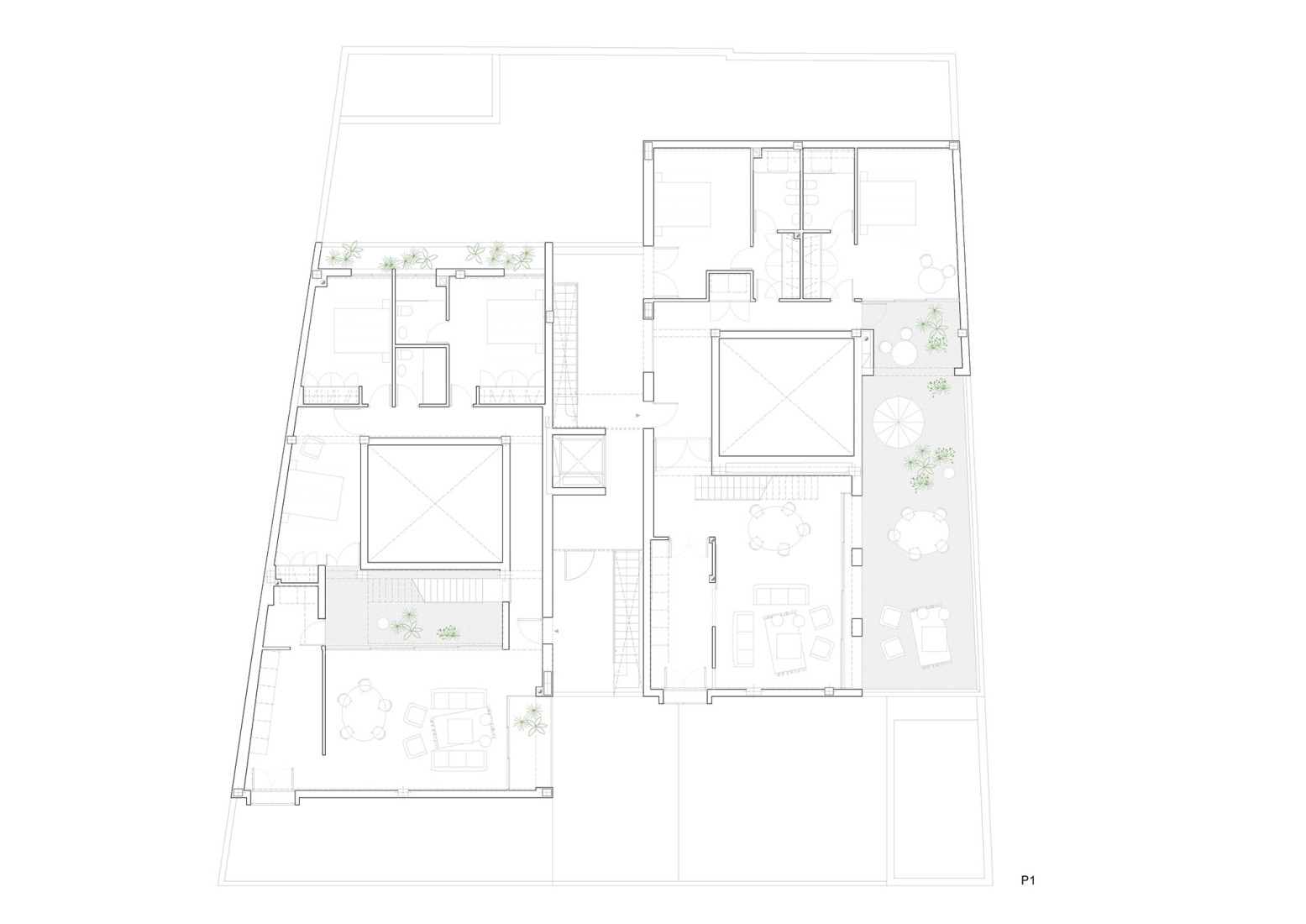 First floor plan. Four homes next to the Desembocadura by Estudio Curtidores.