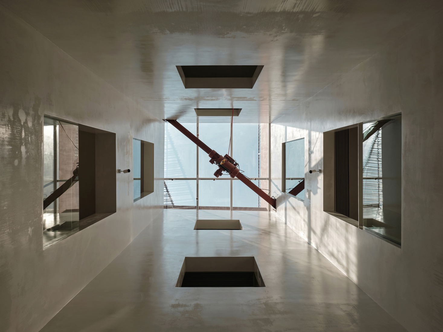 The skylights opened on the roof bring natural light to every floor. Songzhuang Z Museum by Team_BLDG. Photograph by Jonathan Leijonhufvud.