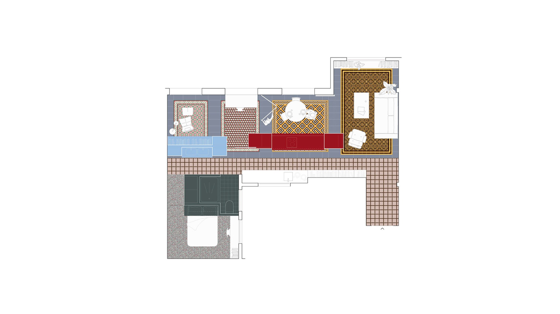 Furnished floor plan. Hydraulic tiles. Chromatic Home by JJ+.
