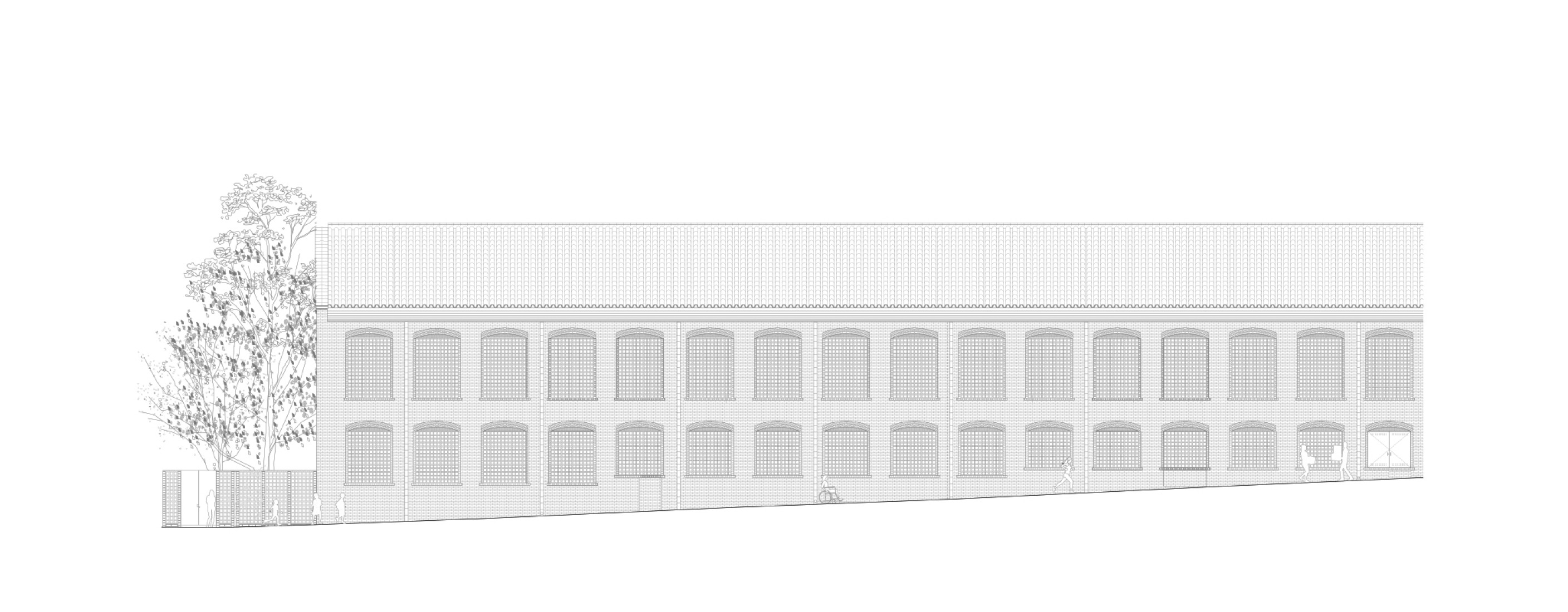 Elevation. Rehabilitation of the Vapor Cortès - Prodis 1923 by Harquitectes.