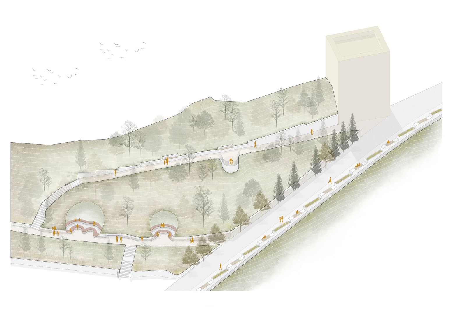 Axonometry. Regeneration of urban spaces in the historic center of Olvera by Estudio Acta.