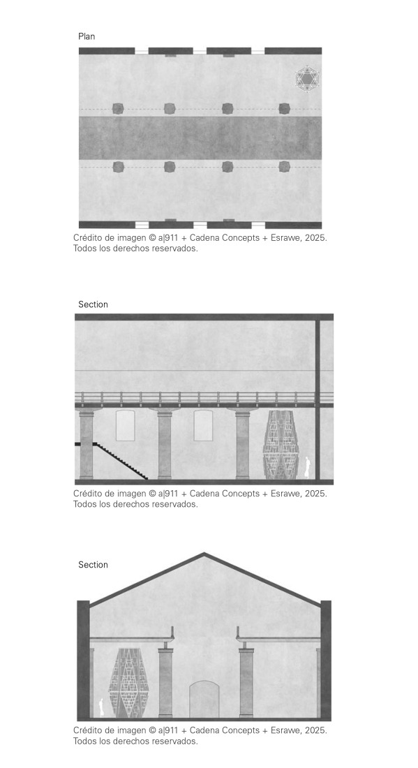 Floor plan and cross and longitudinal sections. Acapulco: Selective Memories by a|911, Cadena Concepts, Esrawe.