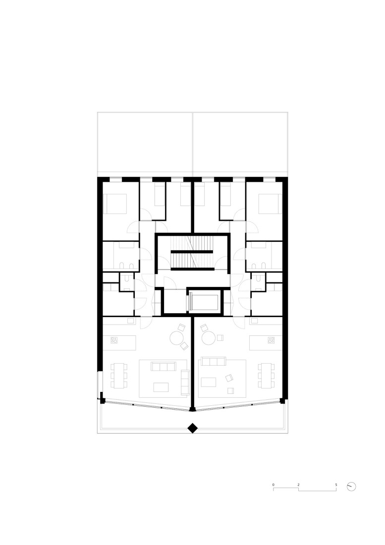 Plano de planta baja a cuarta. Edificio residencial Tolhuiskade por Civic Architects.