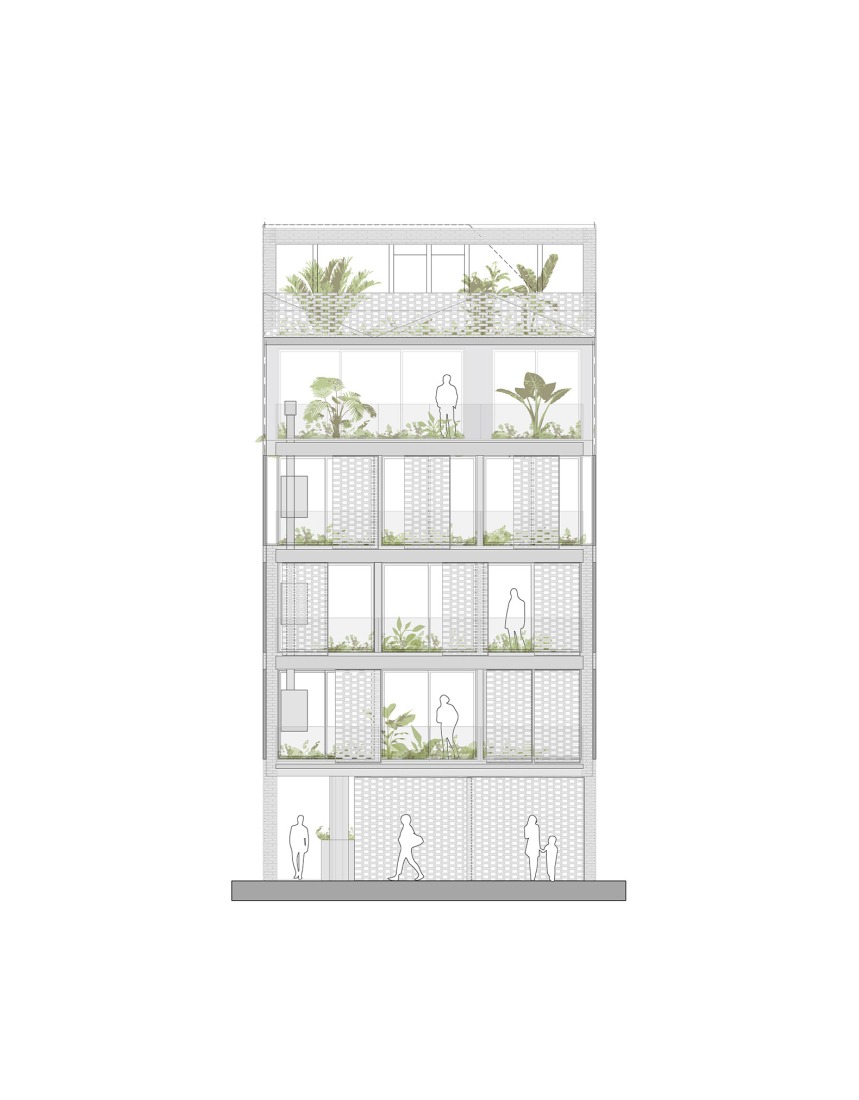 Alzado frontal. NÑZ 3949 por Estudio Arqtipo. 