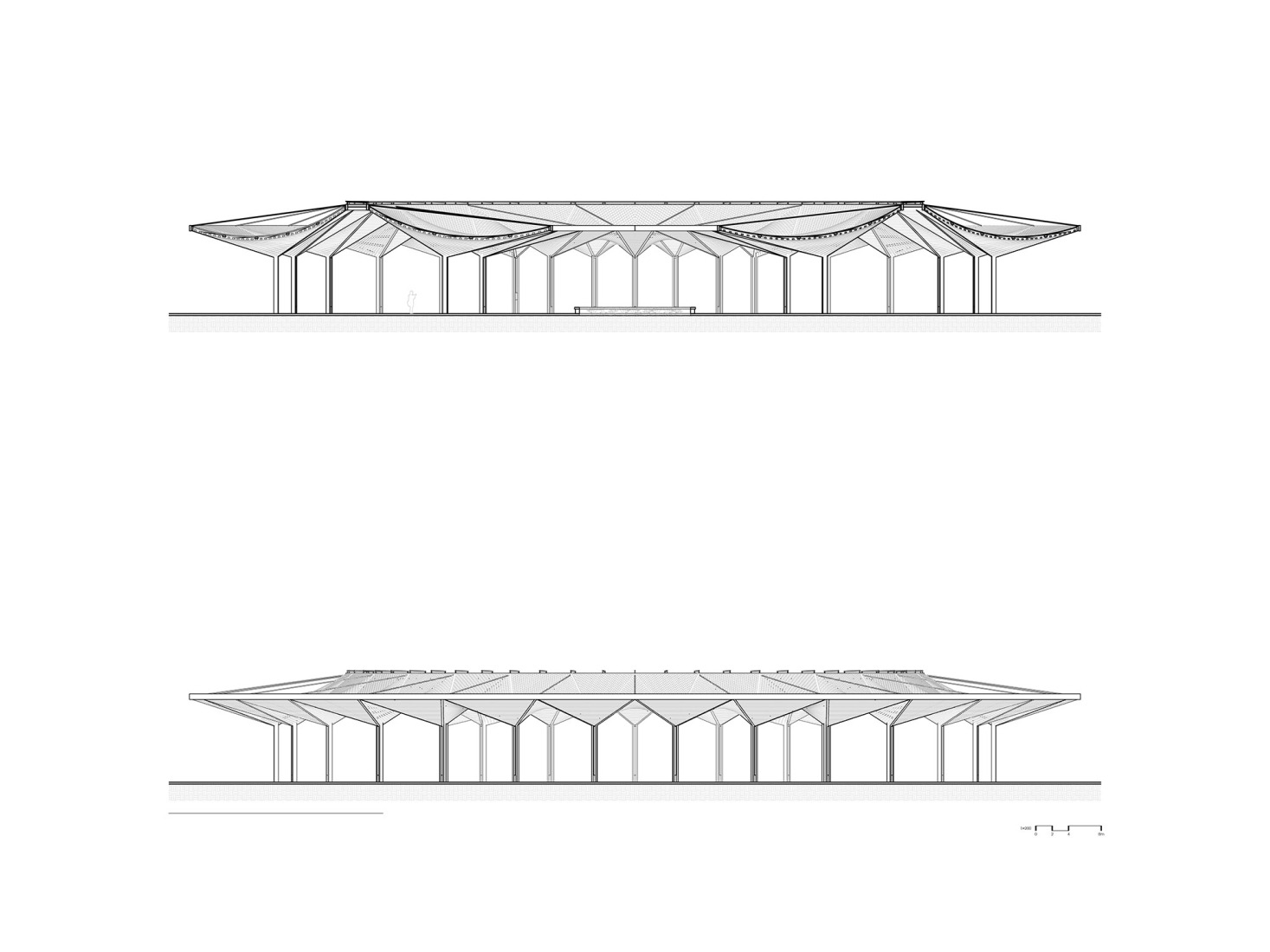 Pavilion. Elevation and section. Quintana Roo Park by Aidia Studio. Pavilion. Elevation and section. Quintana Roo Park by Aidia Studio.