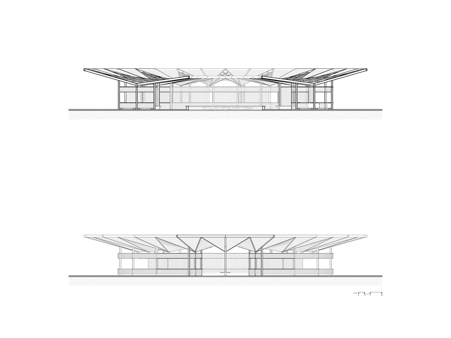 Shopping area. Elevation and section. Quintana Roo Park by Aidia Studio. Shopping area. Elevation and section. Quintana Roo Park by Aidia Studio.