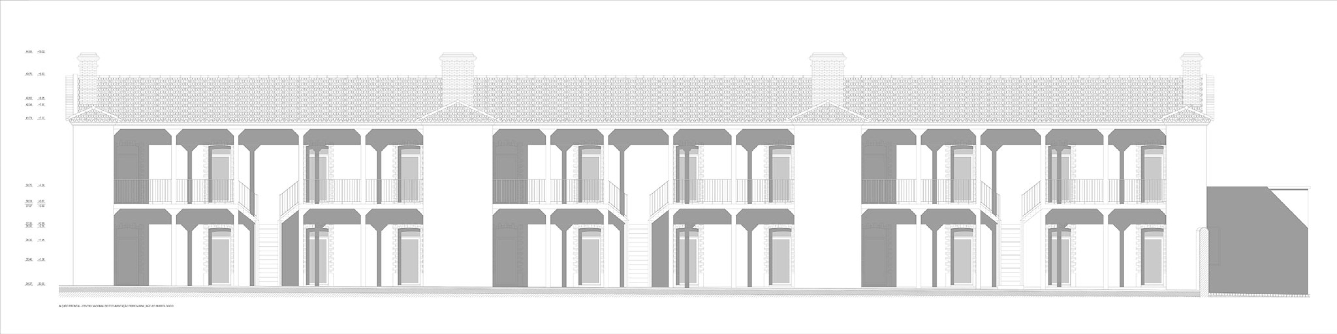 Alzado frontal CNDF. Rehabilitación urbana del Bairro do Boneco por Adarq.