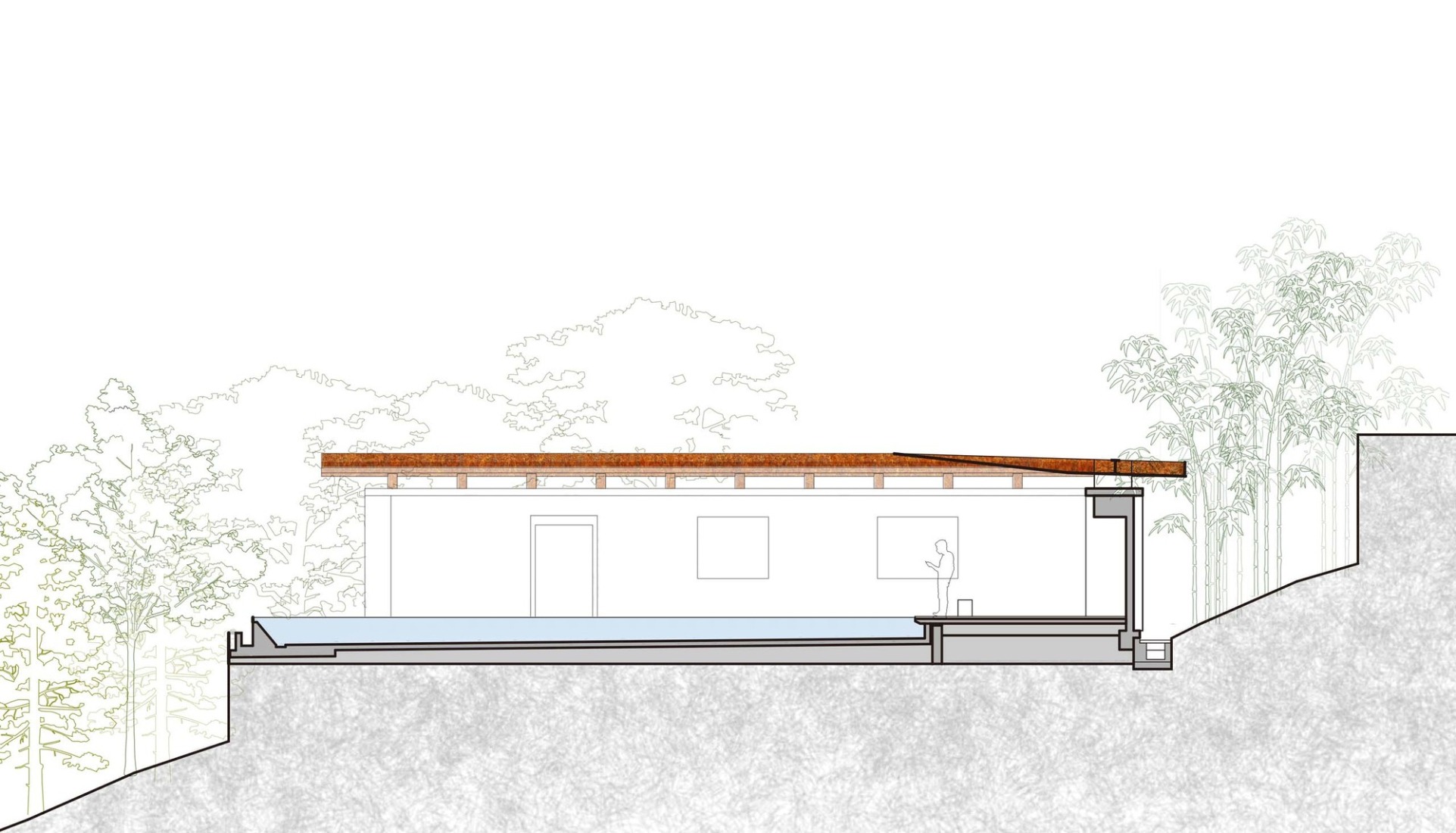 Section of the Poetry and Wine Academy. Renovating of Tianbao Cave District of Erlang Town por Jiakun Architects.