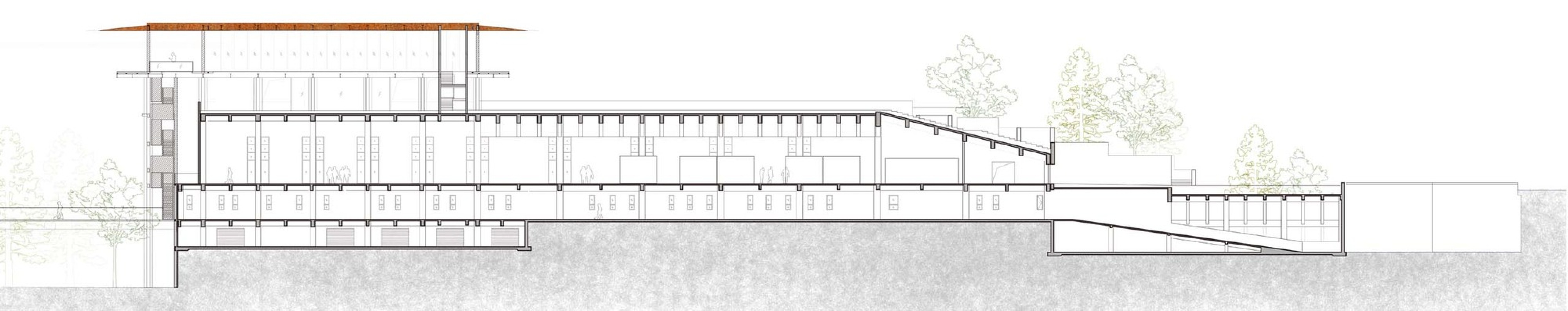 Mixing area, tasting room and roof garden section. Renovating of Tianbao Cave District of Erlang Town por Jiakun Architects.